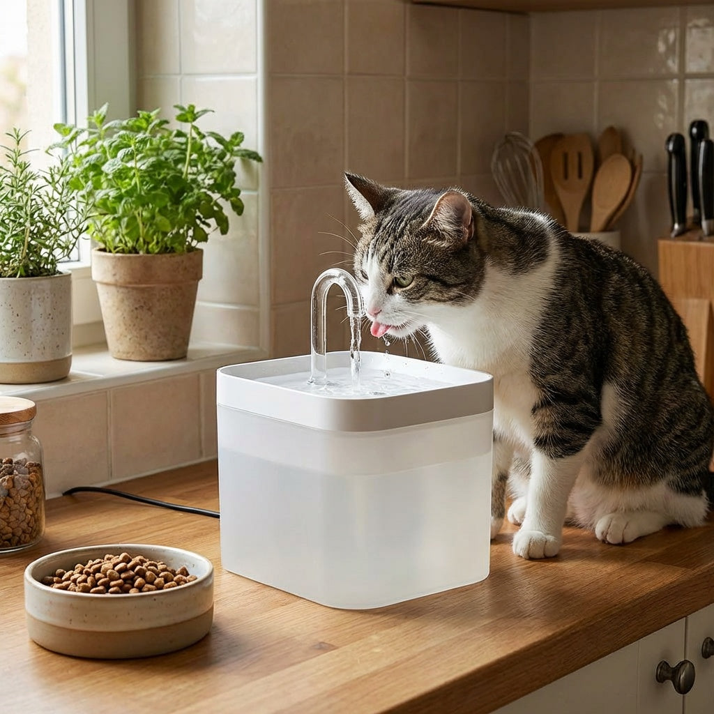 Chat buvant dans une fontaine à eau avec différents filtres 