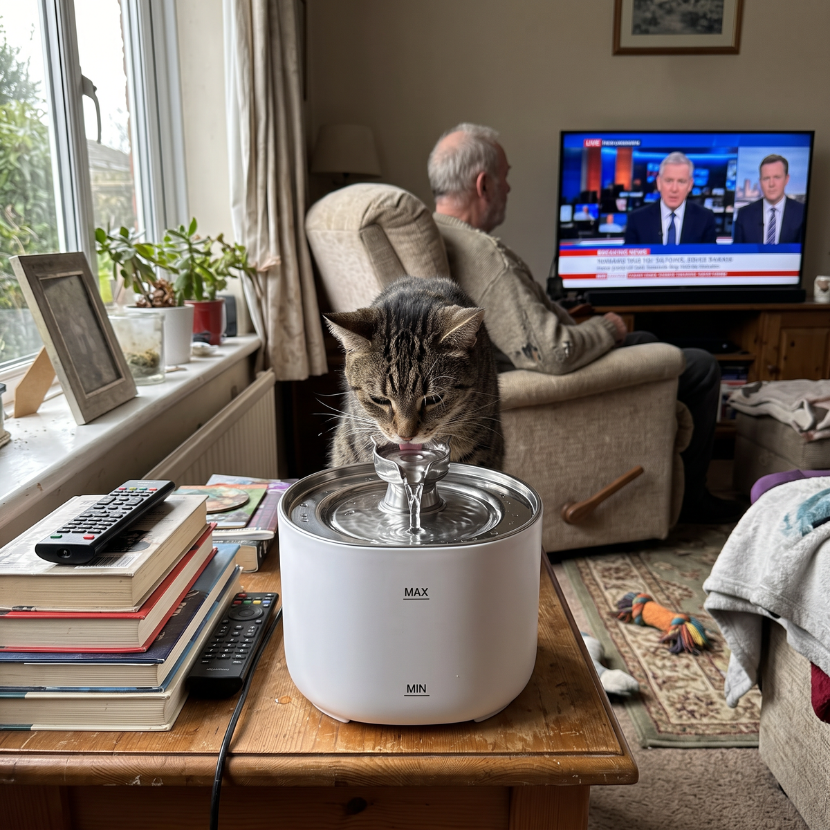 Chat buvant dans une fontaine à eau pour chat silencieuse