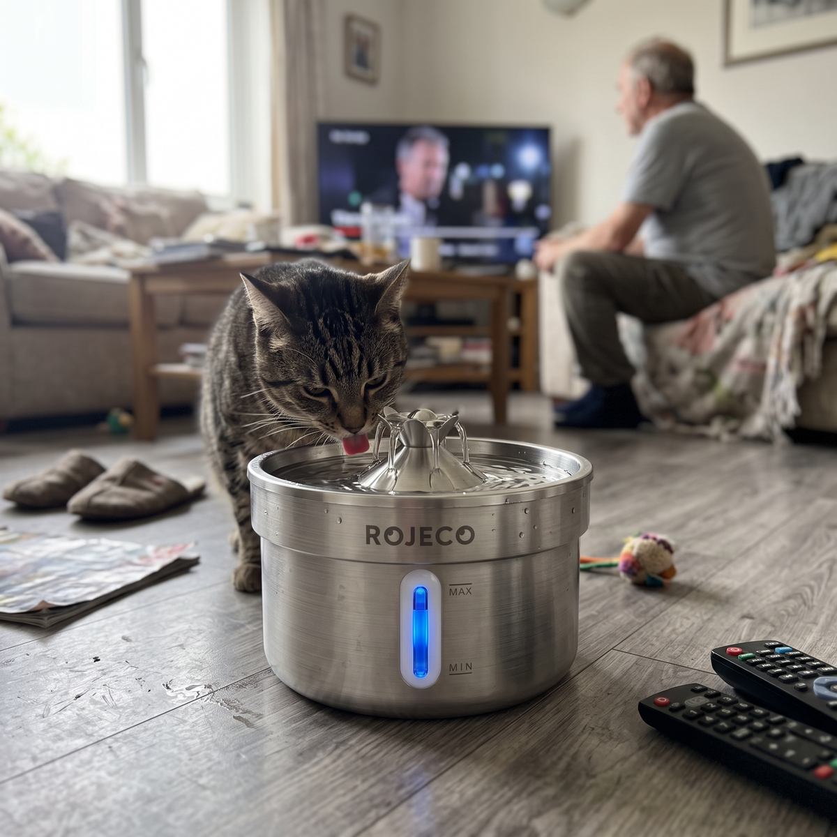 Chat buvant dans une fontaine à eau pour chat avec eau filtré