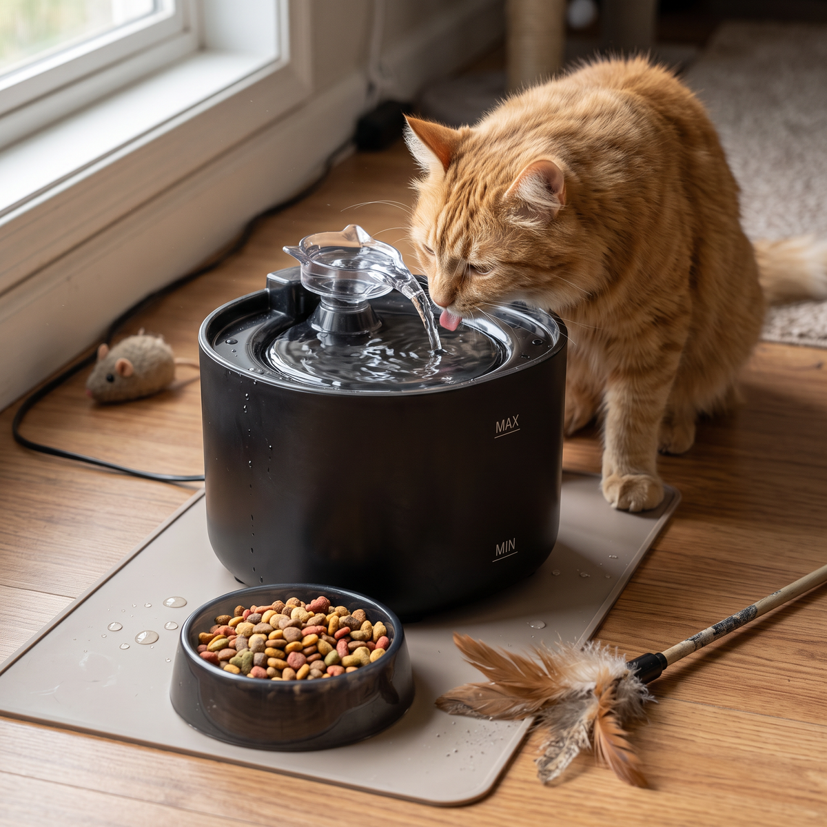 Chat buvant dans une fontaine à eau pour chat