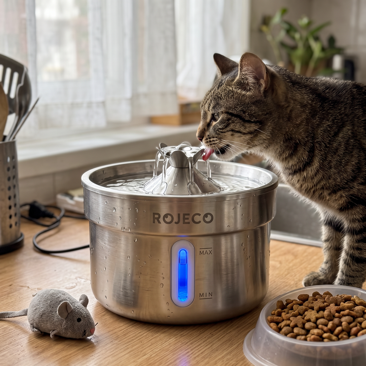 Chat buvant dans une fontaine à eau pour chat 