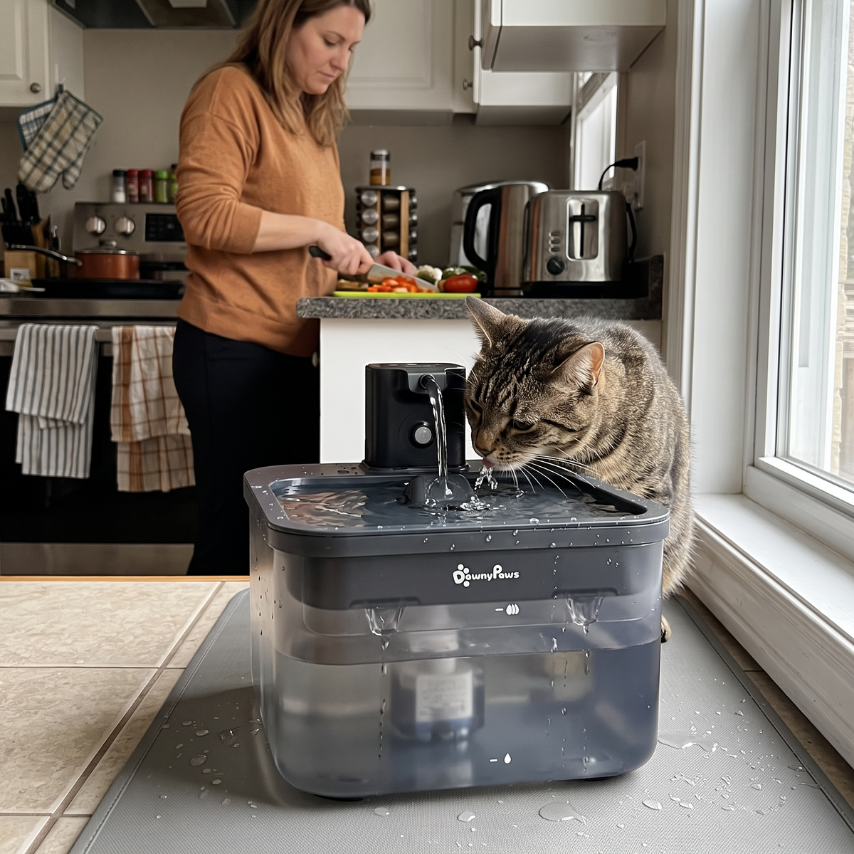 Chat buvant dans une fontaine à eau pour chat intelligente