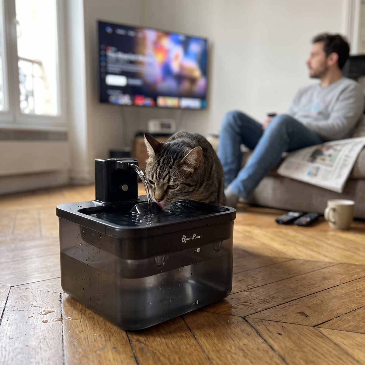 Chat buvant dans une fontaine à eau pour chat sans fil automatique 2,5 L