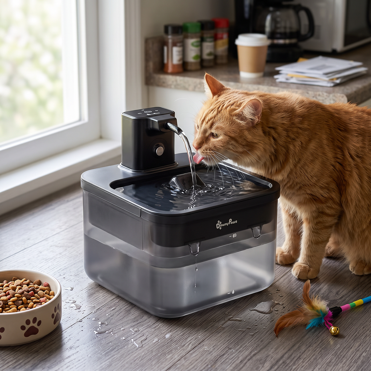 Chat buvant dans une fontaine à eau pour chat