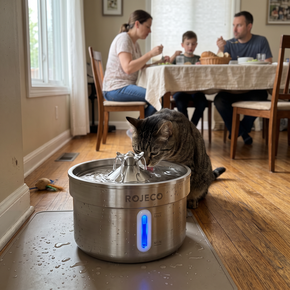 Chat buvant dans une fontaine à eau pour chat en acier inoxydable 2 L