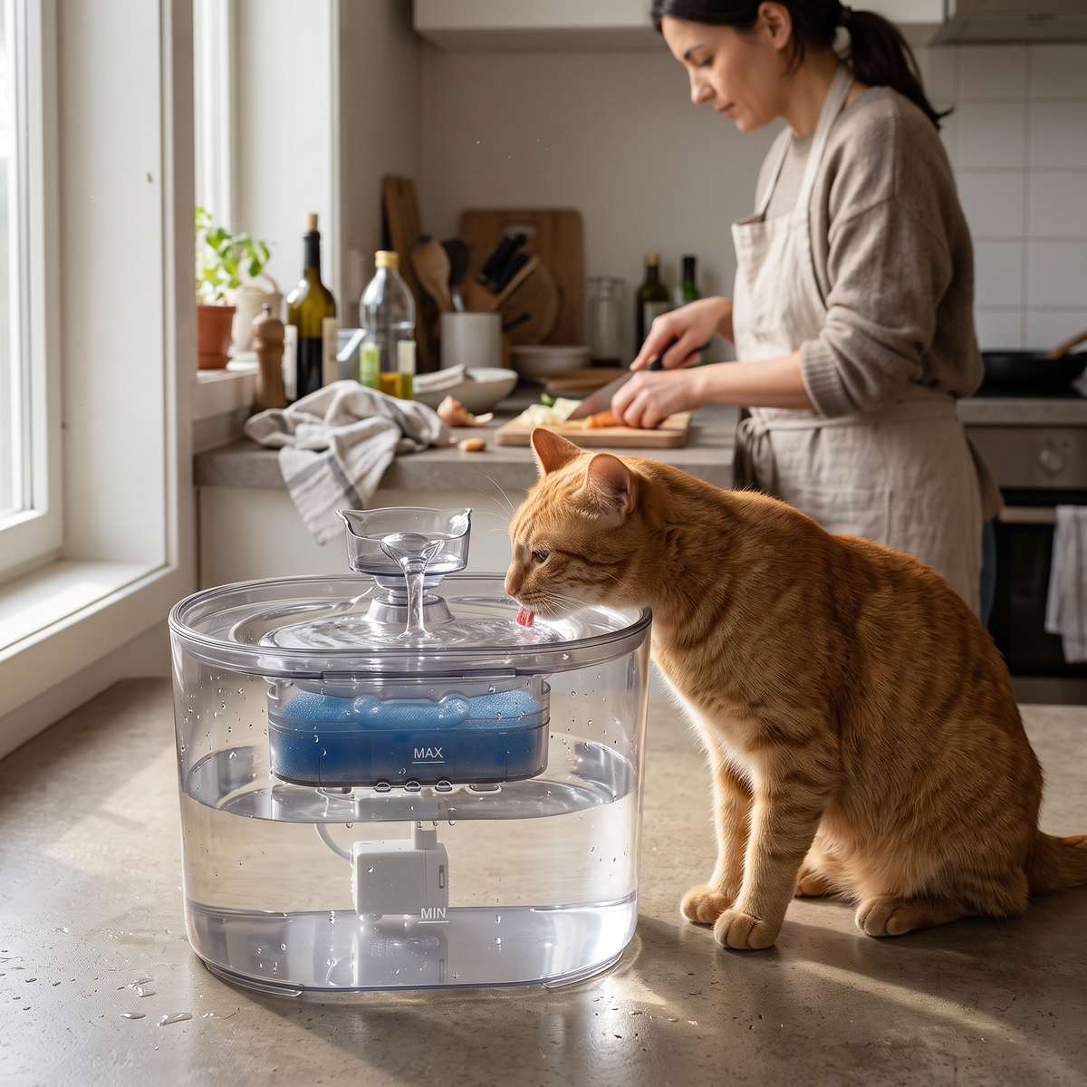 Chat buvant dans une fontaine à eau automatique