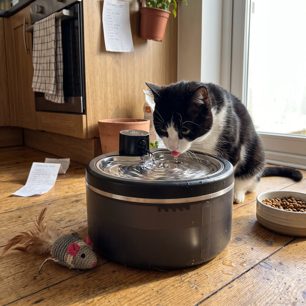 Chat buvant dans une fontaine à eau pour chat