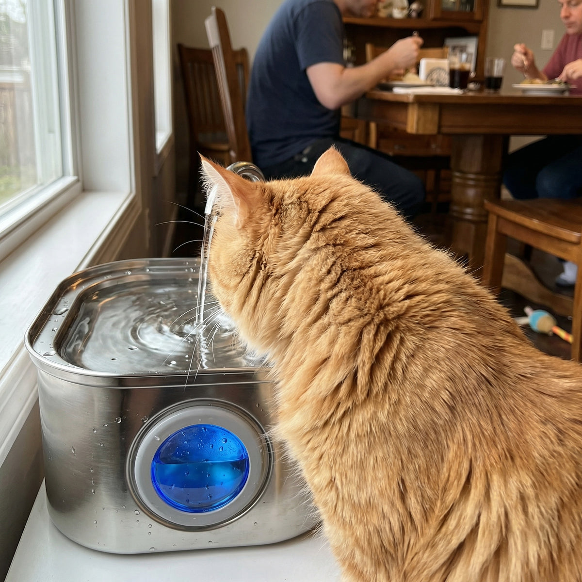 Fontaine à eau pour chat 3,2 L automatique en inox avec eau qui coule en continu et fenêtre de visualisation 