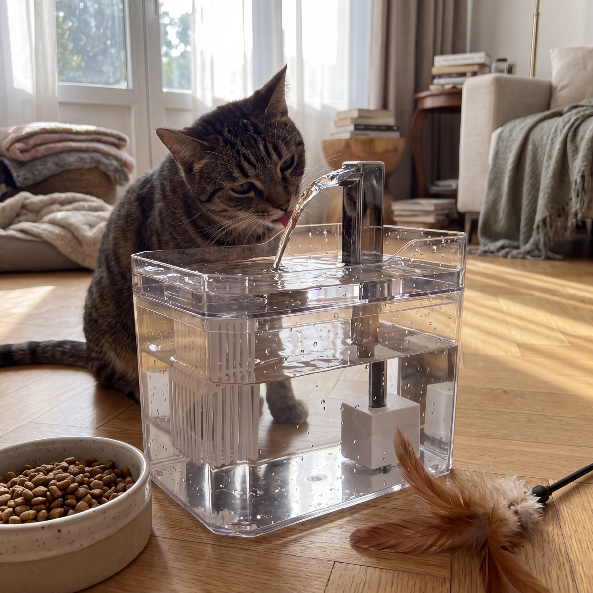 Chat buvant dans une fontaine à eau transparente