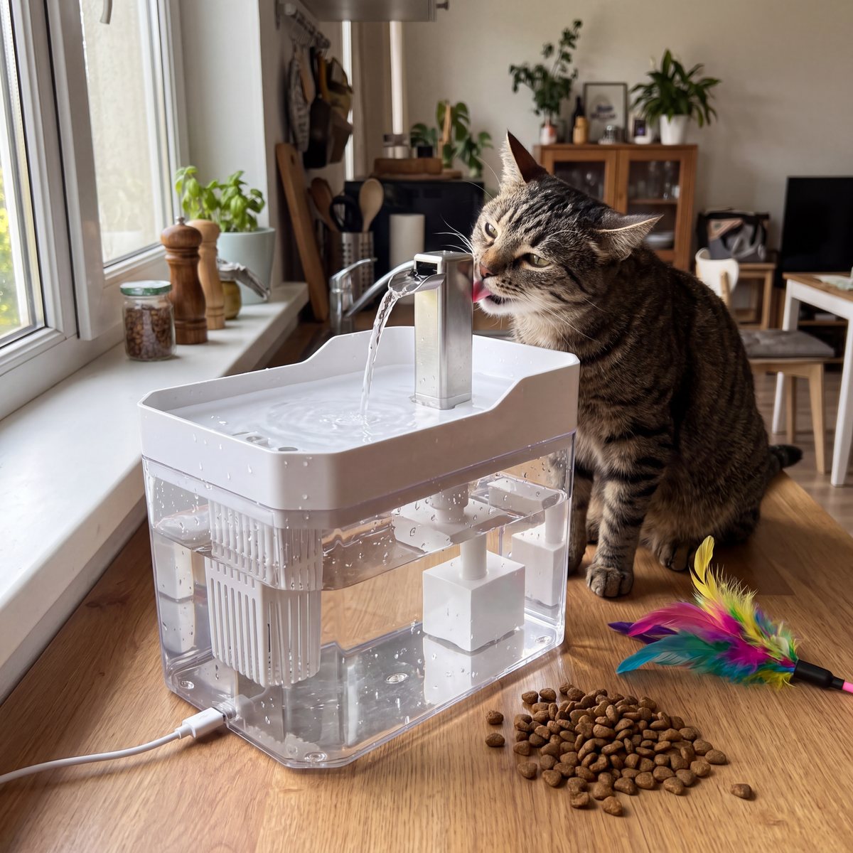 Chat buvant dans une fontaine à eau pour chat