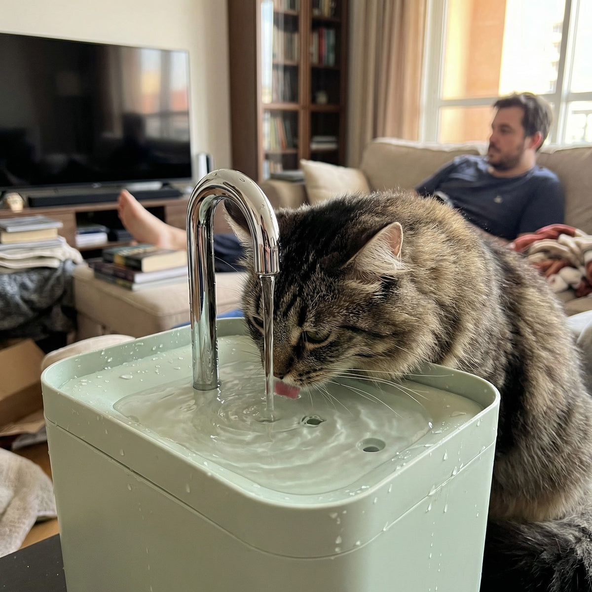 Chat buvant dans une fontaine à eau pour chat avec prise USB