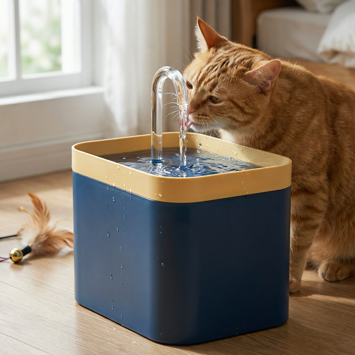 Chat buvant dans une fontaine à eau silencieuse