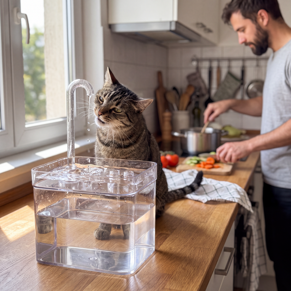 Chat buvant dans une fontaine à eau silencieuse