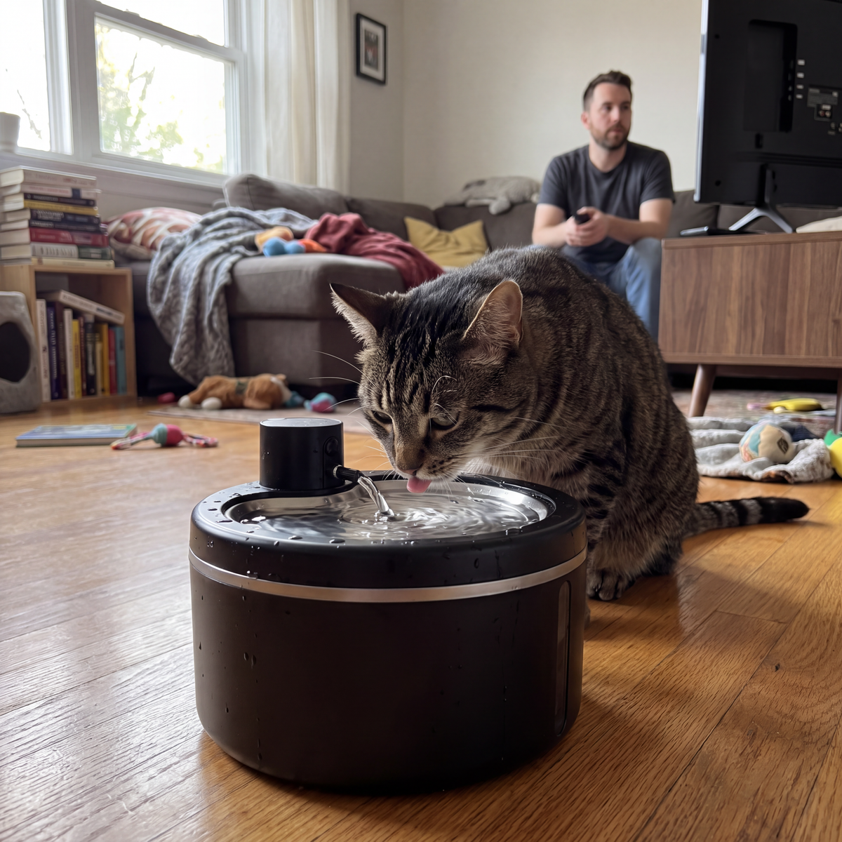 Chat buvant dans une fontaine à eau pour chat 2,5 L