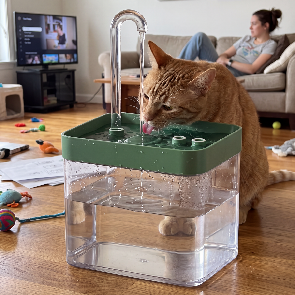 Chat buvant dans une fontaine à eau électrique avec prise USB