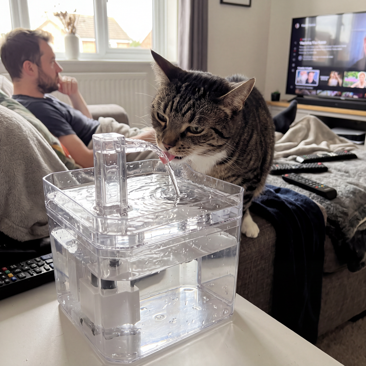Chat buvant dans une fontaine à eau anti chauffe USB
