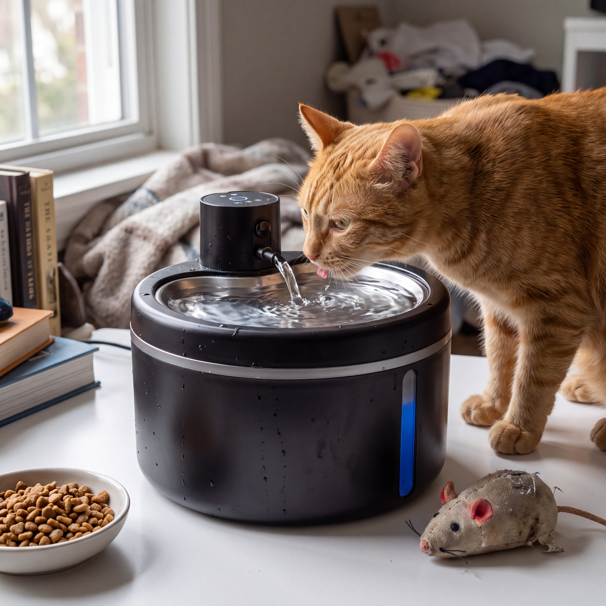 Chat buvant dans une fontaine à eau en acier inoxydable