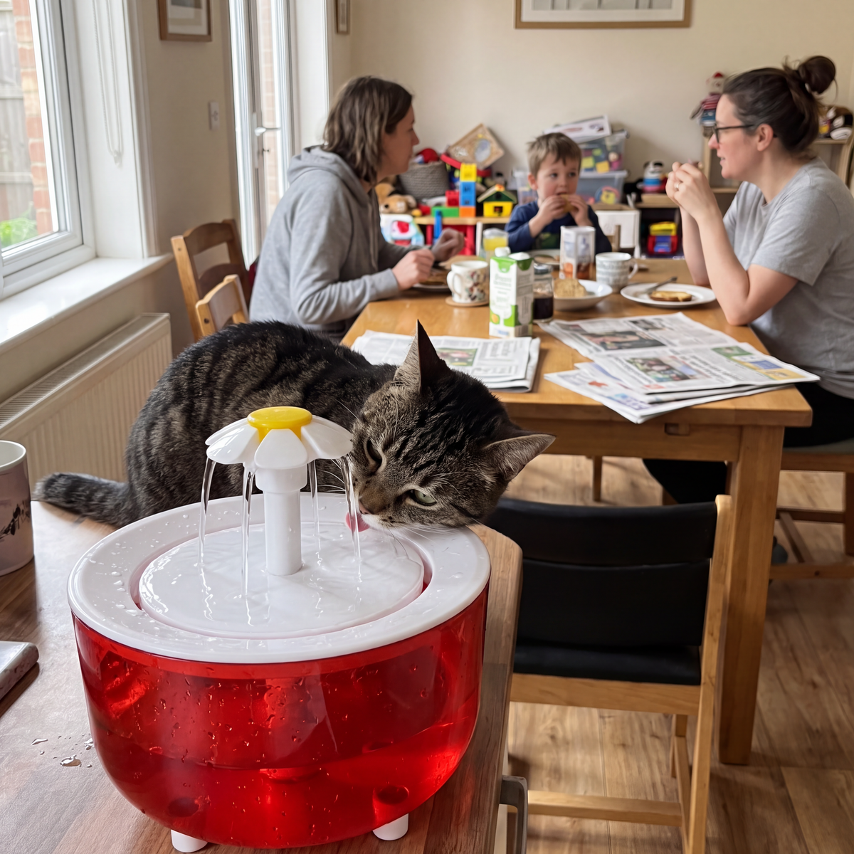 Chat buvant dans une fontaine à eau pour chat