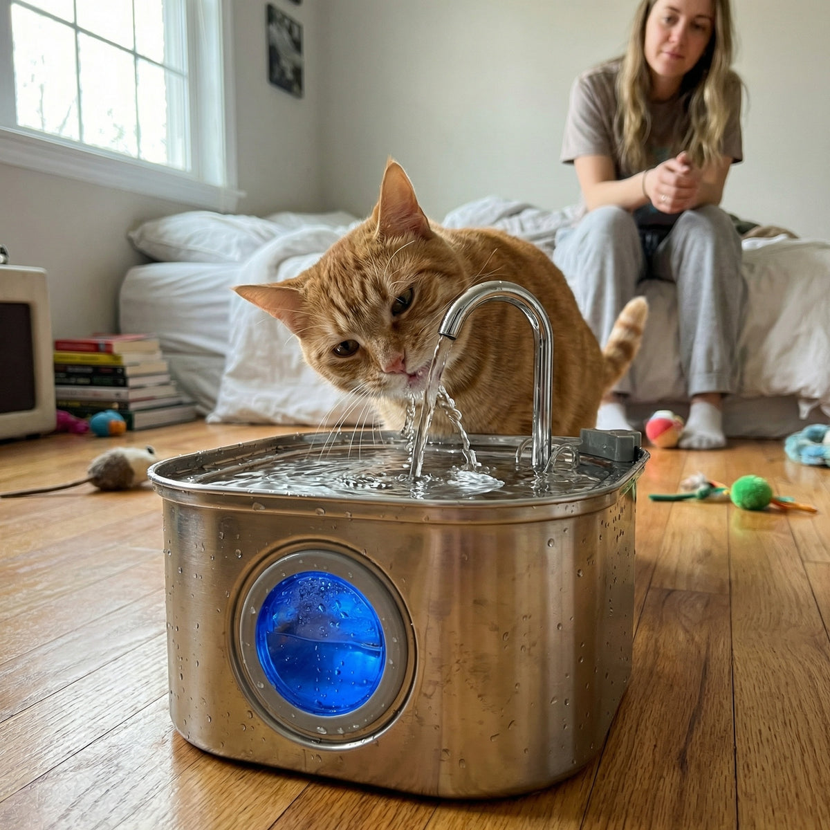 Chat buvant dans une fontaine à eau en inox