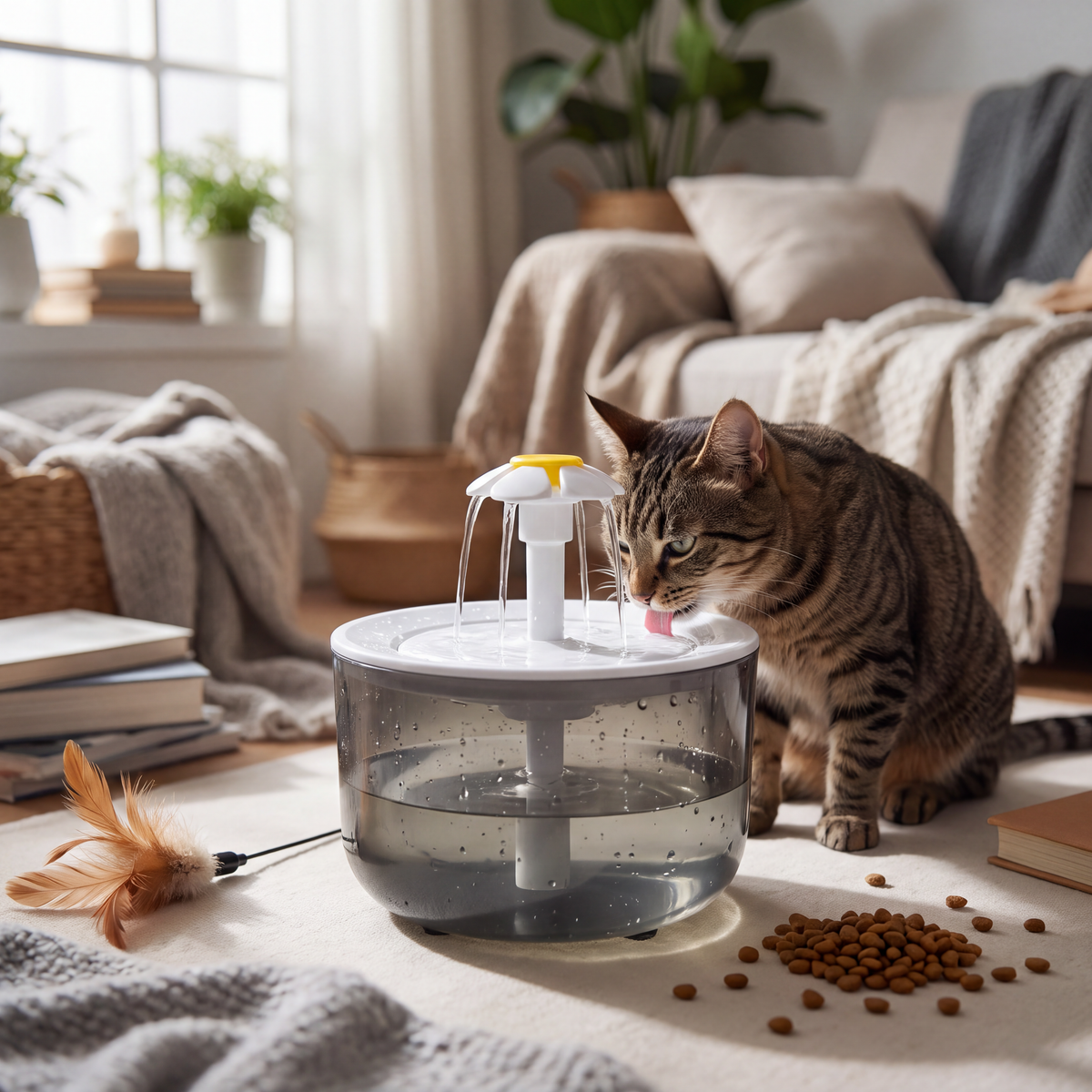 Chat buvant dans une fontaine à eau pour chat silencieuse