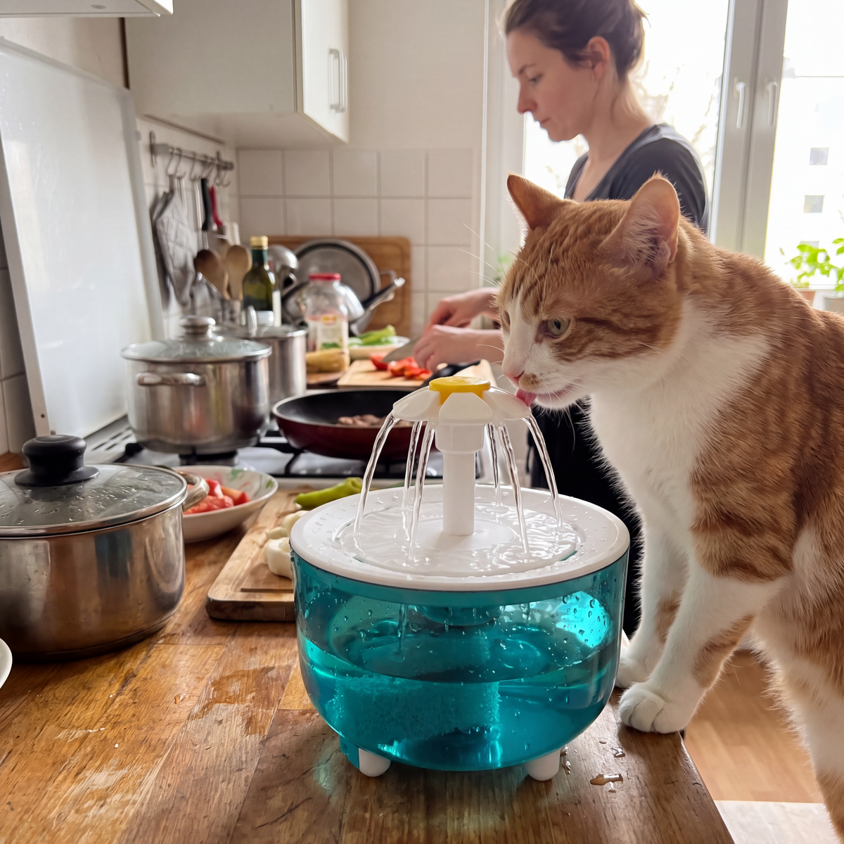 Chat buvant dans une fontaine à eau pour chat avec systèmes de filtrations