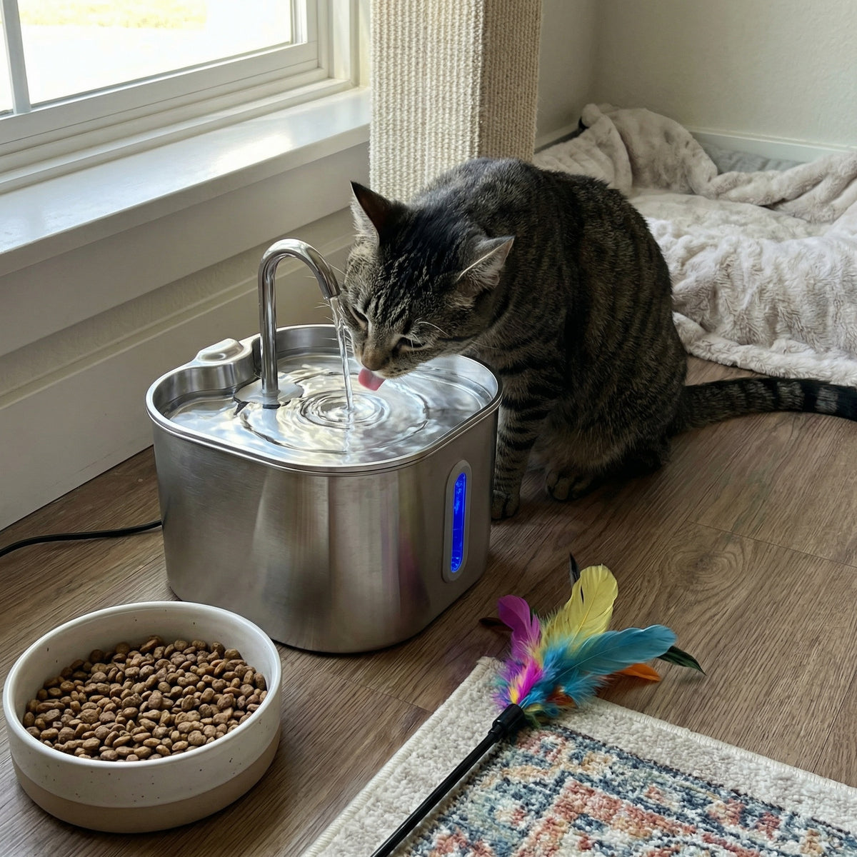 Chat buvant dans une fontaine à eau en acier inoxydable 